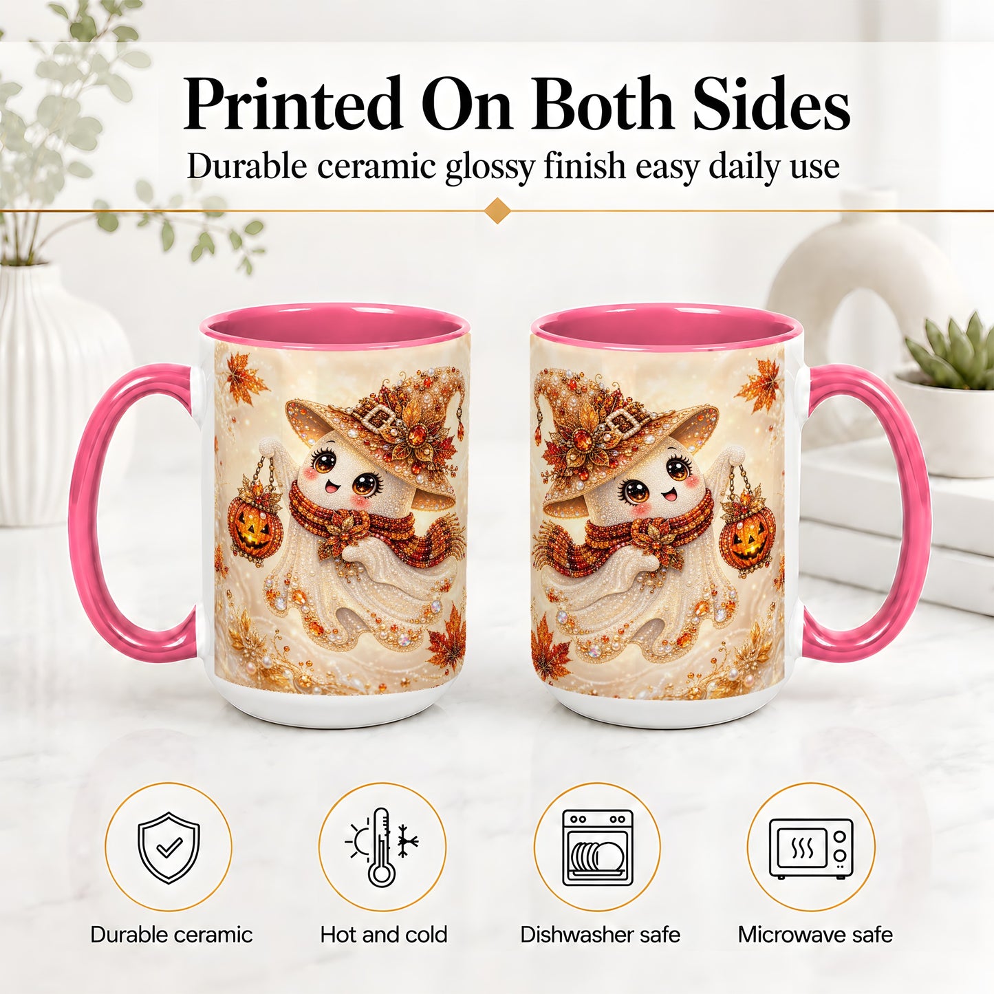#pl[15oz|Pink] Witch Ghost Accent Mug, Ceramic Mug with Jeweled Pumpkin Lantern Art