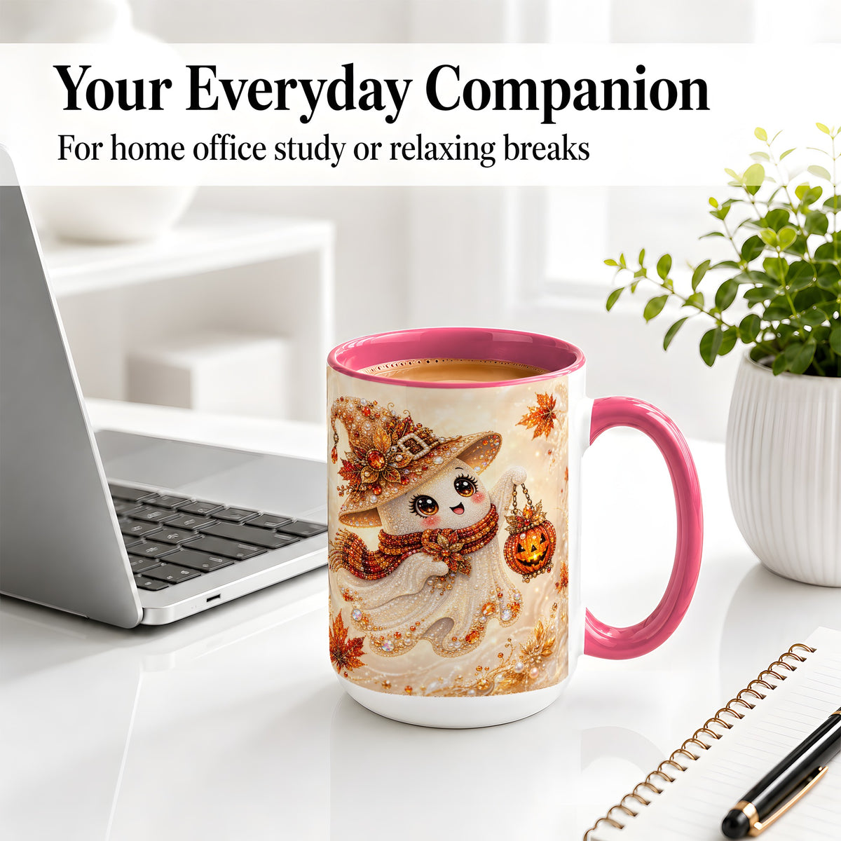 #pl[15oz|Pink] Witch Ghost Accent Mug, Ceramic Mug with Jeweled Pumpkin Lantern Art