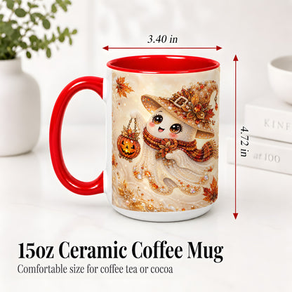#pl[15oz|Red] Witch Ghost Accent Mug, Ceramic Mug with Jeweled Pumpkin Lantern Art