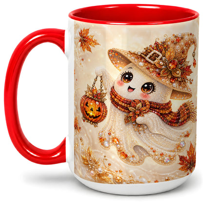 #pl[15oz|Red] Witch Ghost Accent Mug, Ceramic Mug with Jeweled Pumpkin Lantern Art