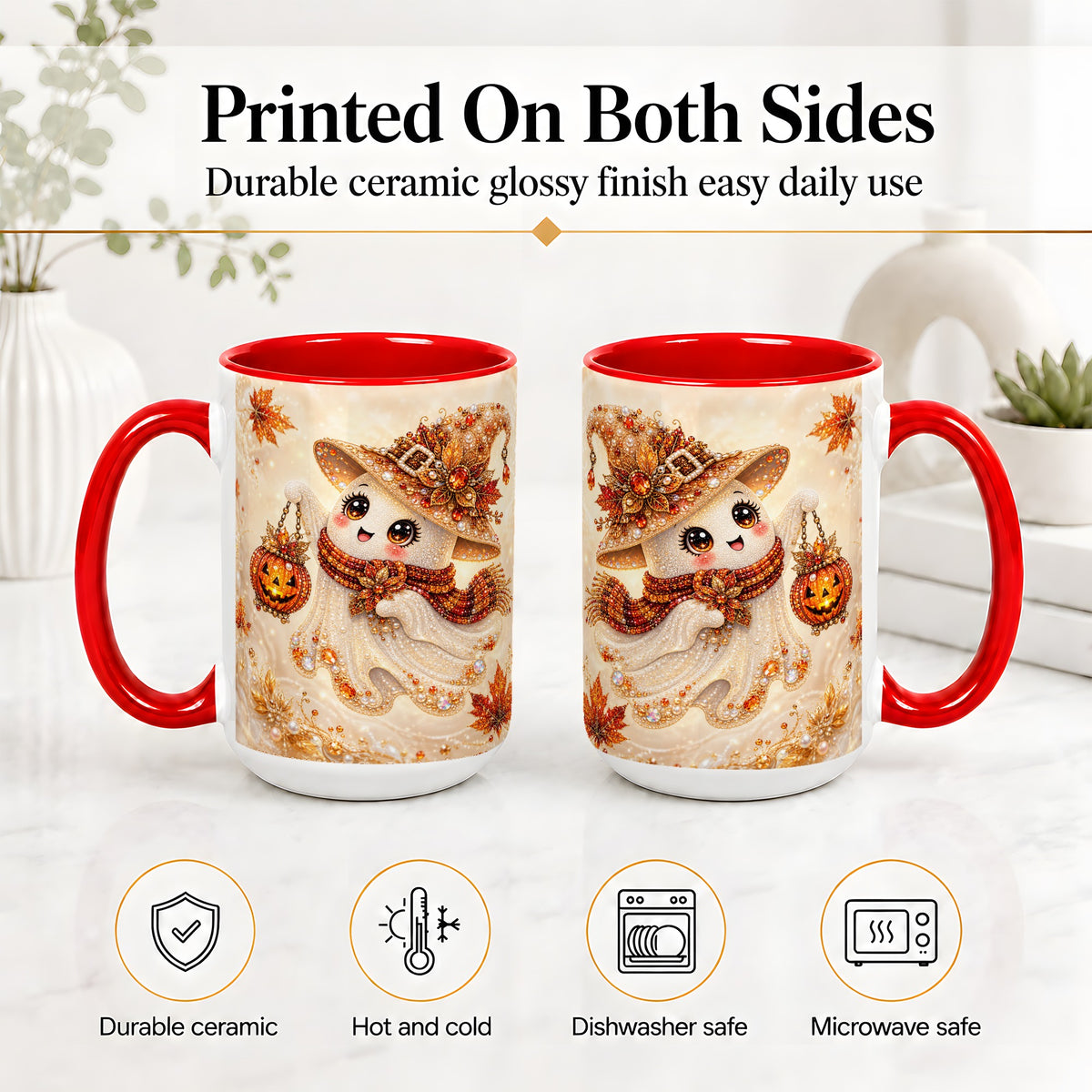 #pl[15oz|Red] Witch Ghost Accent Mug, Ceramic Mug with Jeweled Pumpkin Lantern Art