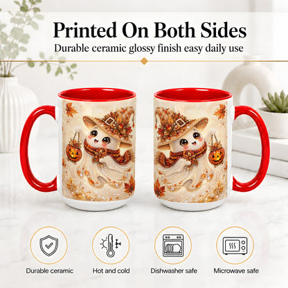 #pl[15oz|Red] Witch Ghost Accent Mug, Ceramic Mug with Jeweled Pumpkin Lantern Art
