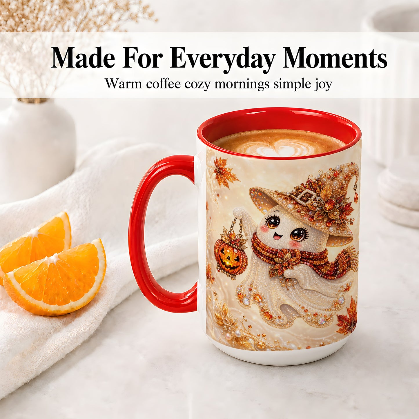 #pl[15oz|Red] Witch Ghost Accent Mug, Ceramic Mug with Jeweled Pumpkin Lantern Art
