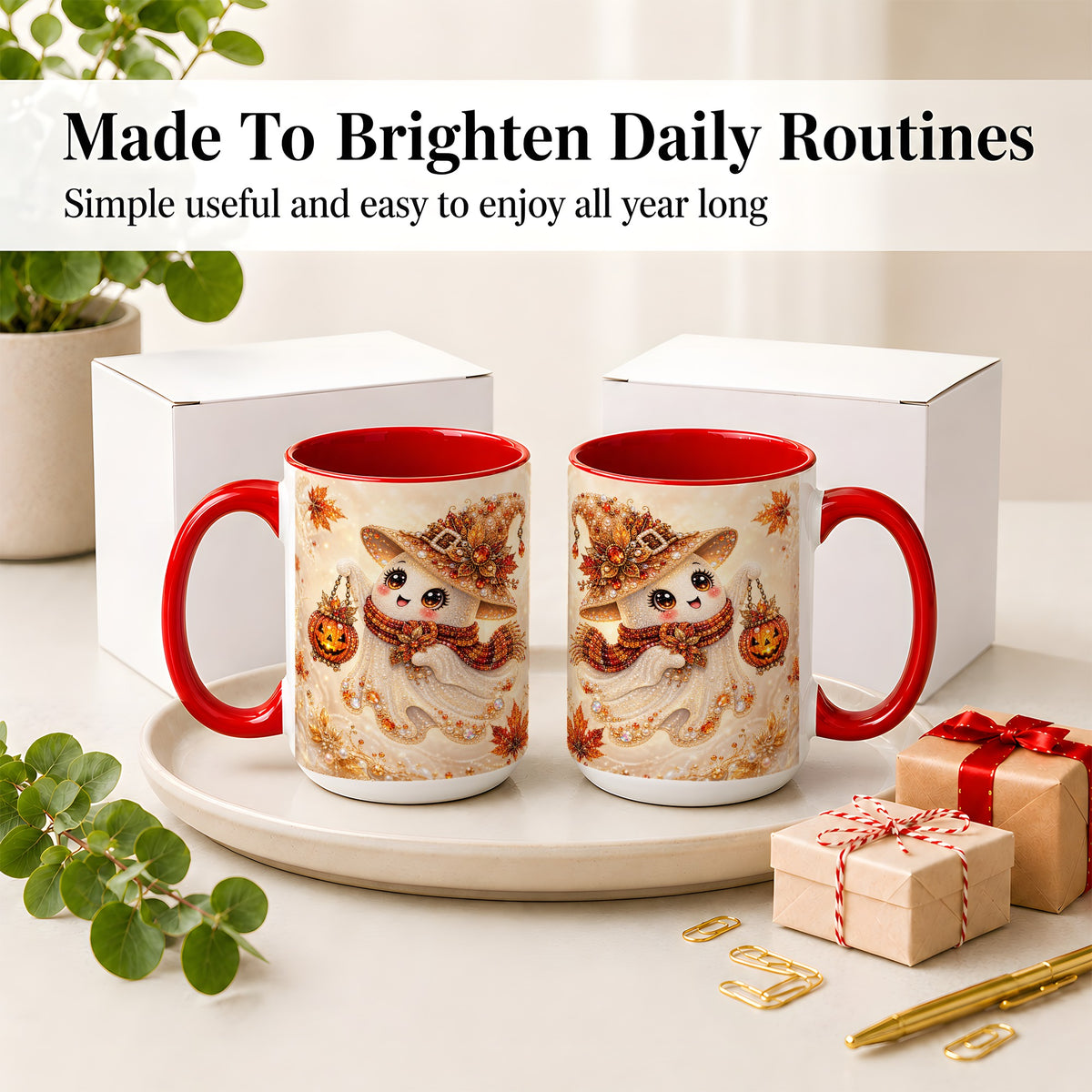 #pl[15oz|Red] Witch Ghost Accent Mug, Ceramic Mug with Jeweled Pumpkin Lantern Art