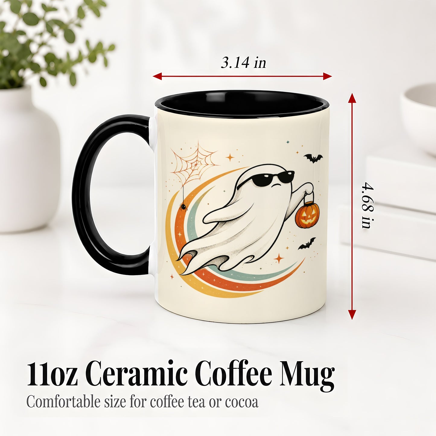 #pl[11oz|Black] Retro Halloween Ghost Accent Mug, Ceramic Mug with Pumpkin Bucket Art