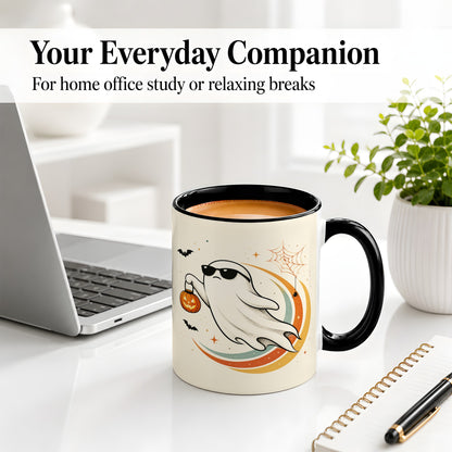 #pl[11oz|Black] Retro Halloween Ghost Accent Mug, Ceramic Mug with Pumpkin Bucket Art
