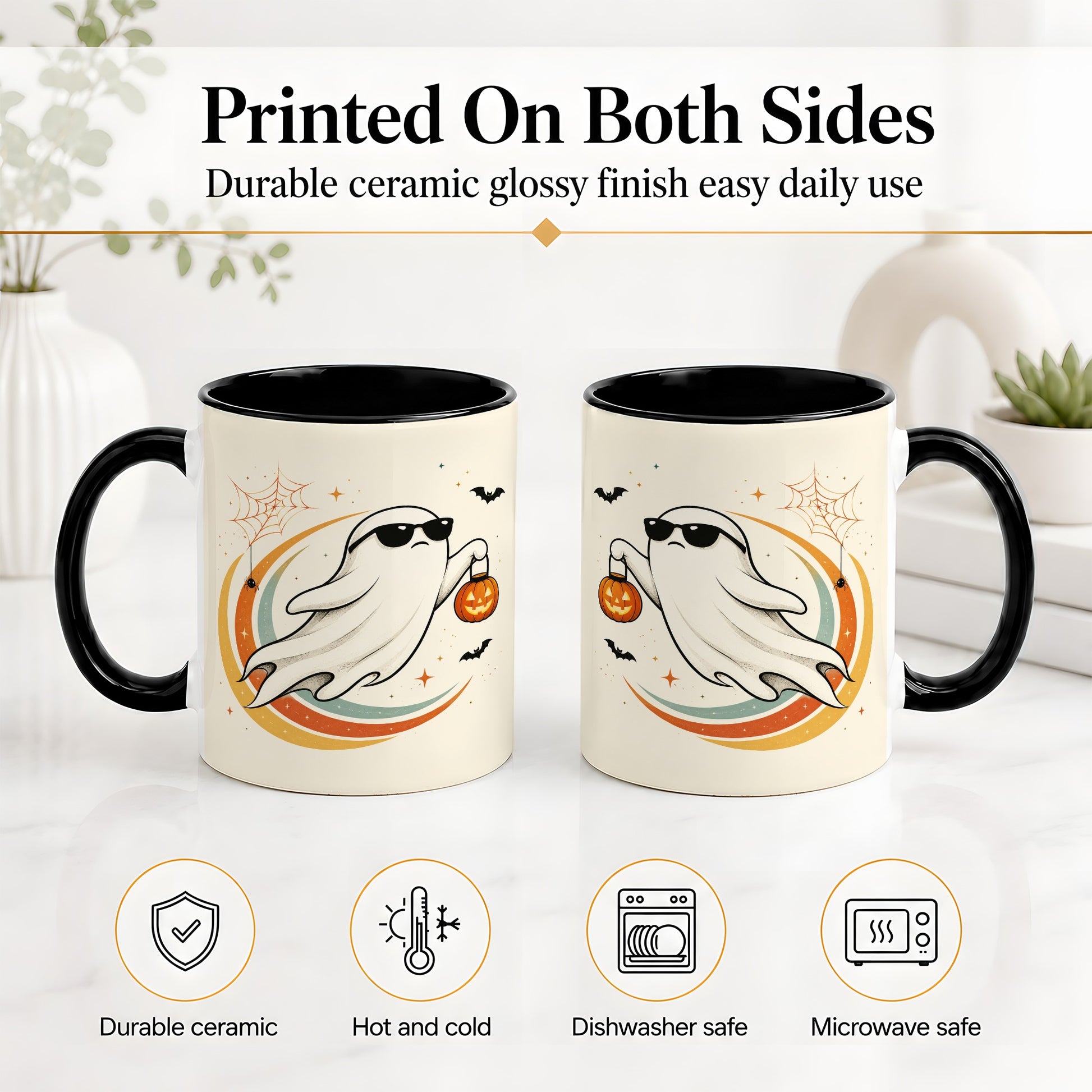 #pl[11oz|Black] Retro Halloween Ghost Accent Mug, Ceramic Mug with Pumpkin Bucket Art