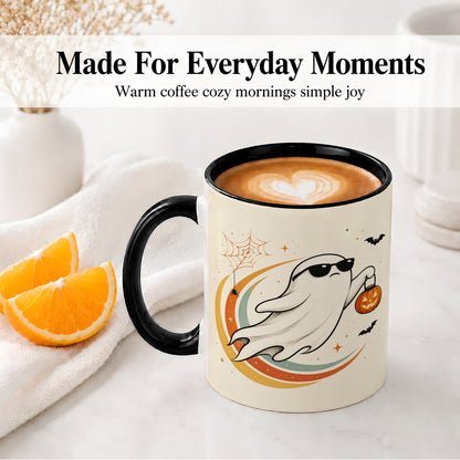 #pl[11oz|Black] Retro Halloween Ghost Accent Mug, Ceramic Mug with Pumpkin Bucket Art
