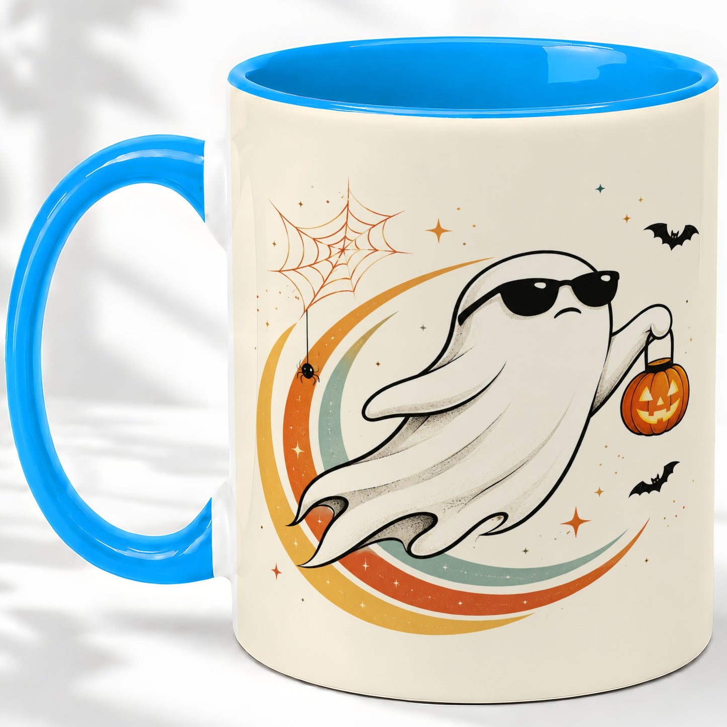 #pl[11oz|Blue] Retro Halloween Ghost Accent Mug, Ceramic Mug with Pumpkin Bucket Art