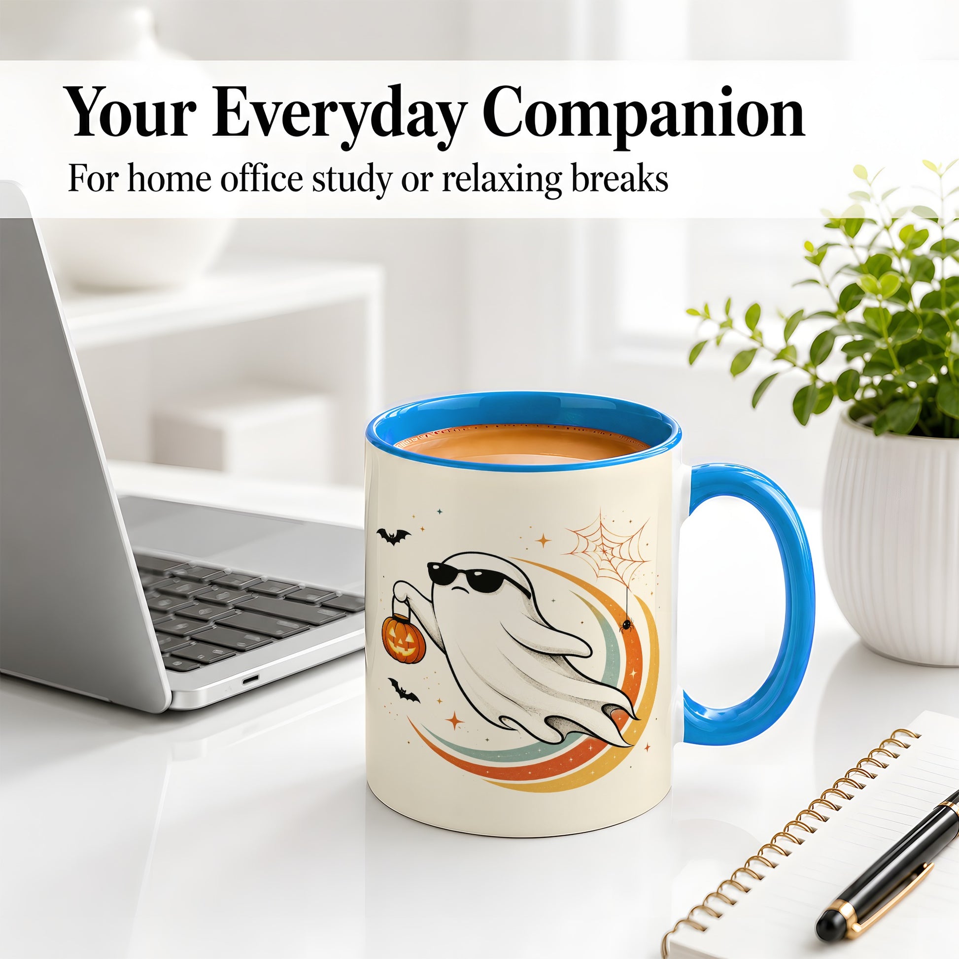 #pl[11oz|Blue] Retro Halloween Ghost Accent Mug, Ceramic Mug with Pumpkin Bucket Art
