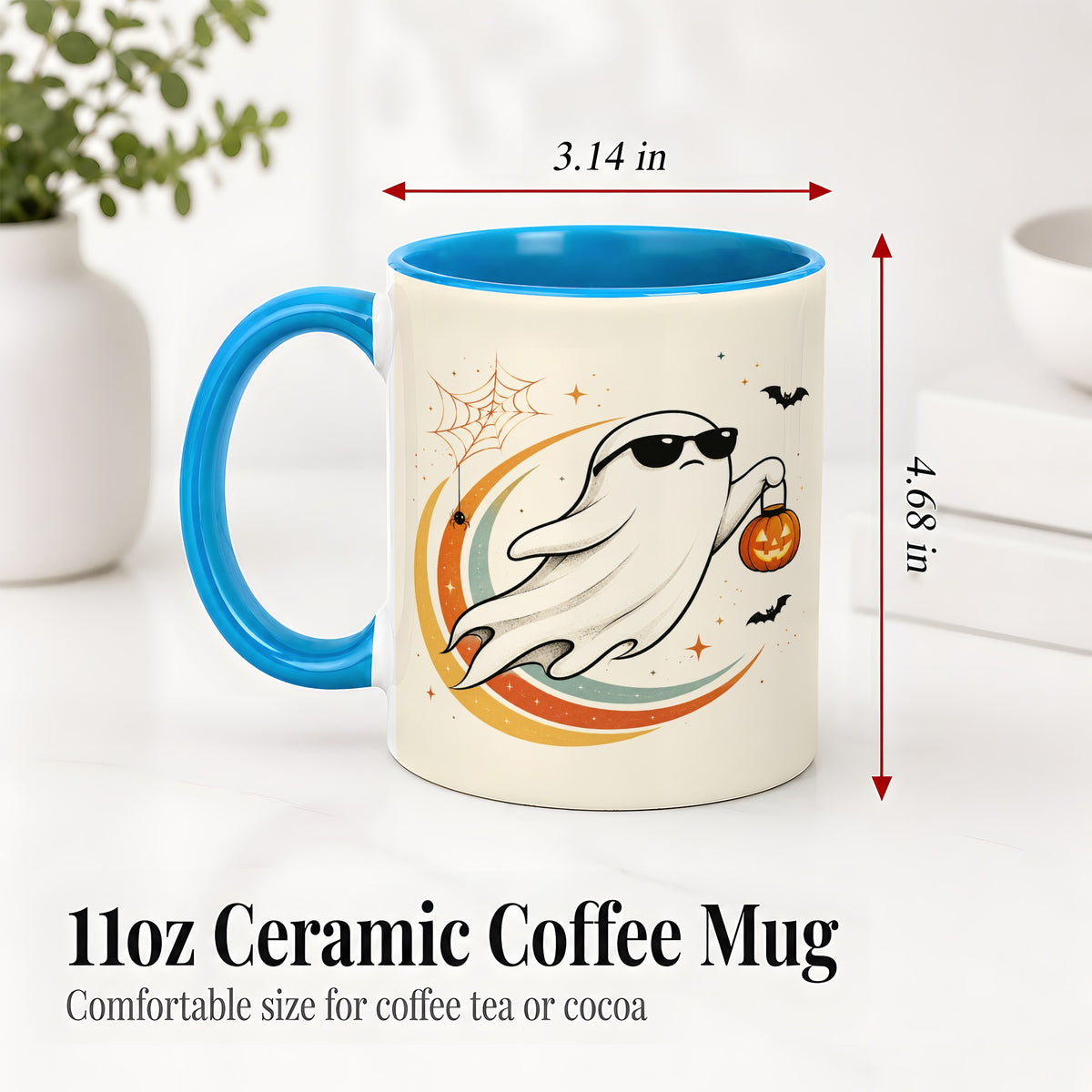 #pl[11oz|Blue] Retro Halloween Ghost Accent Mug, Ceramic Mug with Pumpkin Bucket Art