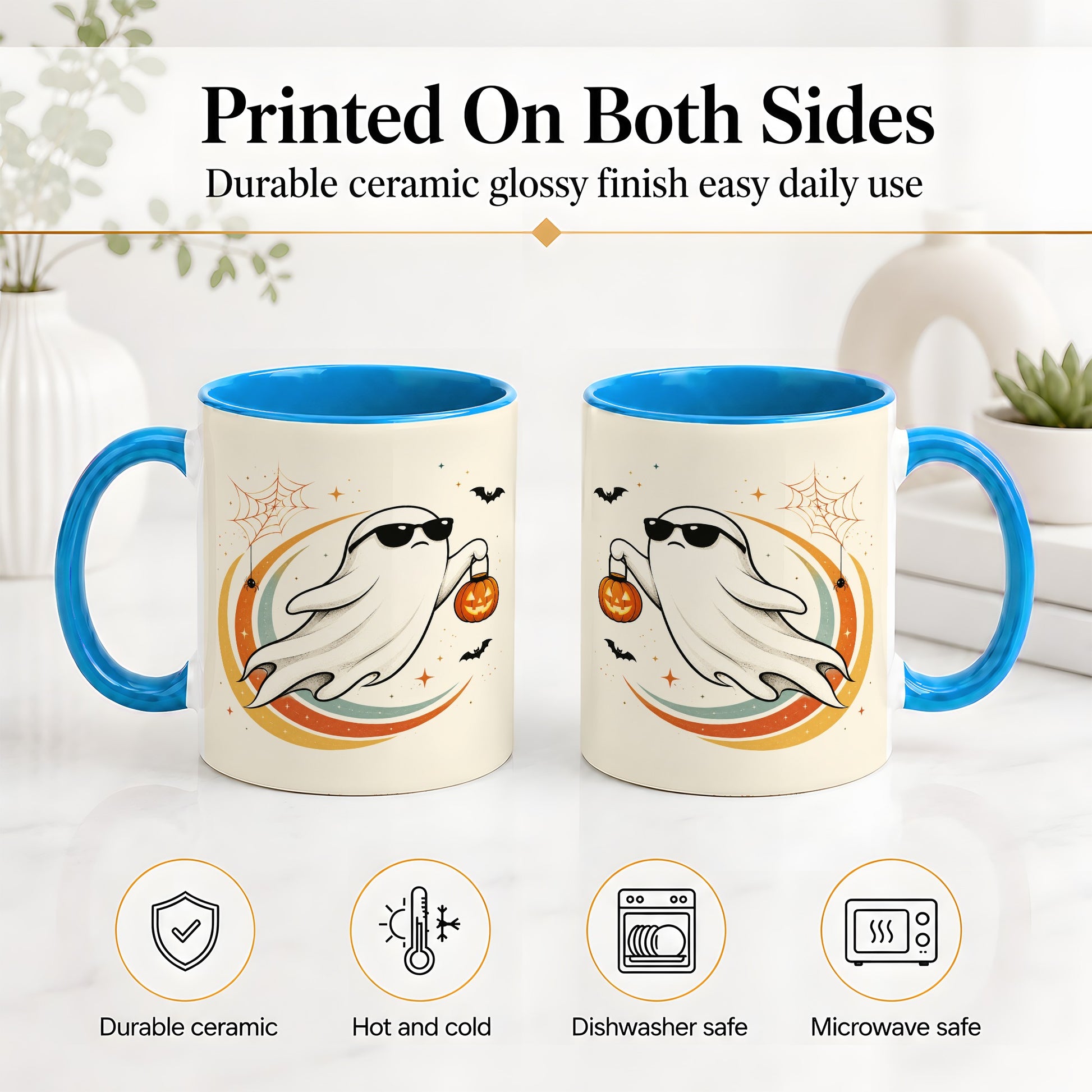 #pl[11oz|Blue] Retro Halloween Ghost Accent Mug, Ceramic Mug with Pumpkin Bucket Art