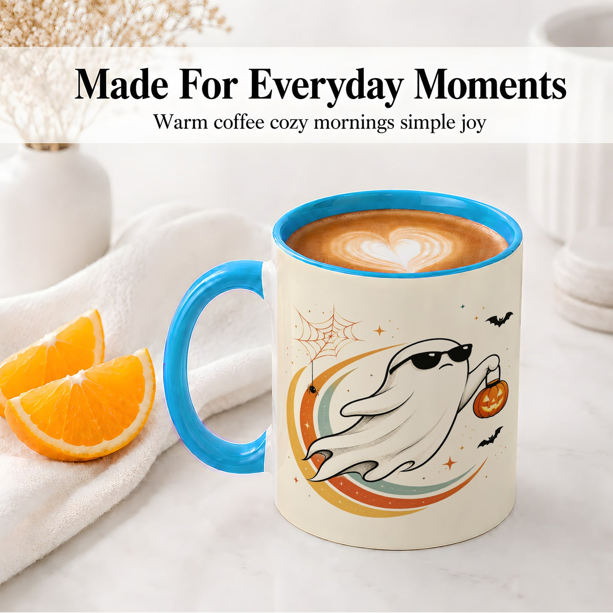 #pl[11oz|Blue] Retro Halloween Ghost Accent Mug, Ceramic Mug with Pumpkin Bucket Art