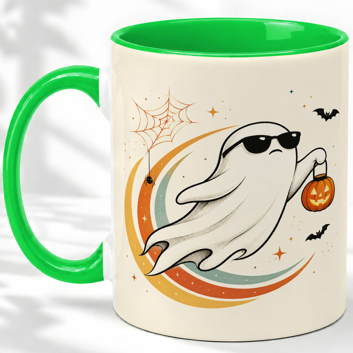 #pl[11oz|Green] Retro Halloween Ghost Accent Mug, Ceramic Mug with Pumpkin Bucket Art