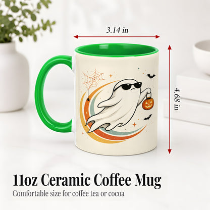 #pl[11oz|Green] Retro Halloween Ghost Accent Mug, Ceramic Mug with Pumpkin Bucket Art