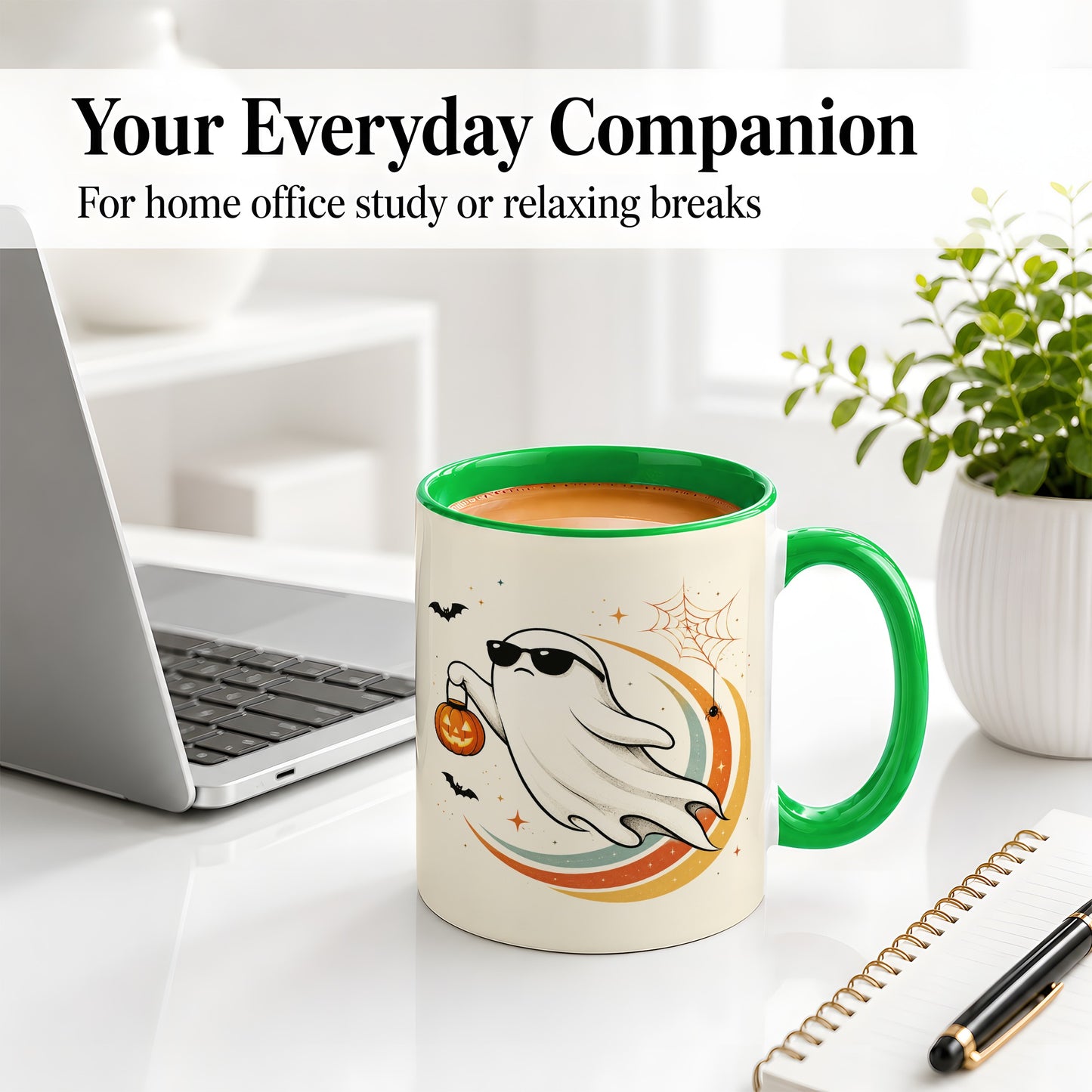 #pl[11oz|Green] Retro Halloween Ghost Accent Mug, Ceramic Mug with Pumpkin Bucket Art