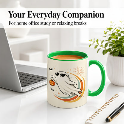 #pl[11oz|Green] Retro Halloween Ghost Accent Mug, Ceramic Mug with Pumpkin Bucket Art