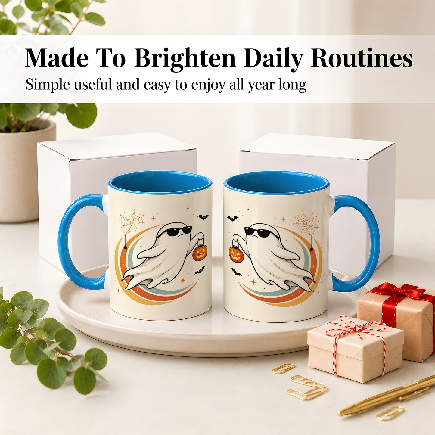 #pl[11oz|Blue] Retro Halloween Ghost Accent Mug, Ceramic Mug with Pumpkin Bucket Art