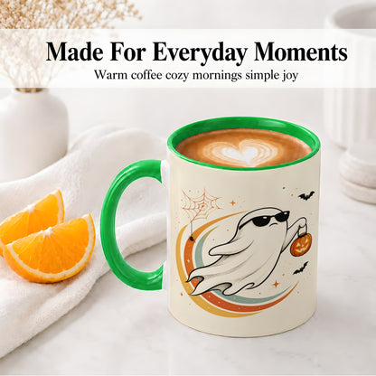 #pl[11oz|Green] Retro Halloween Ghost Accent Mug, Ceramic Mug with Pumpkin Bucket Art