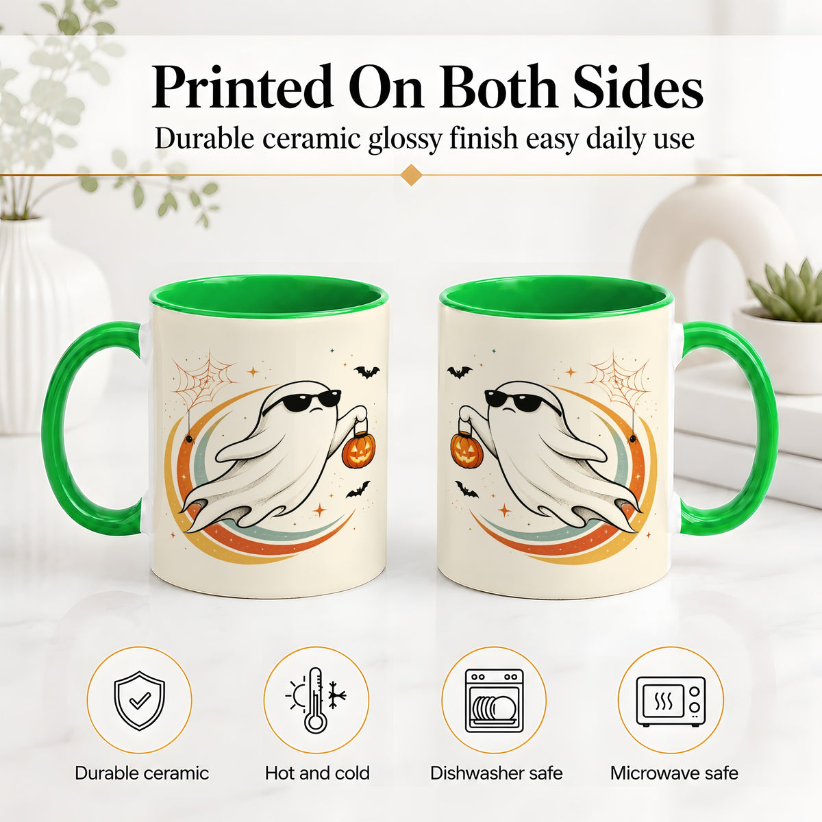 #pl[11oz|Green] Retro Halloween Ghost Accent Mug, Ceramic Mug with Pumpkin Bucket Art