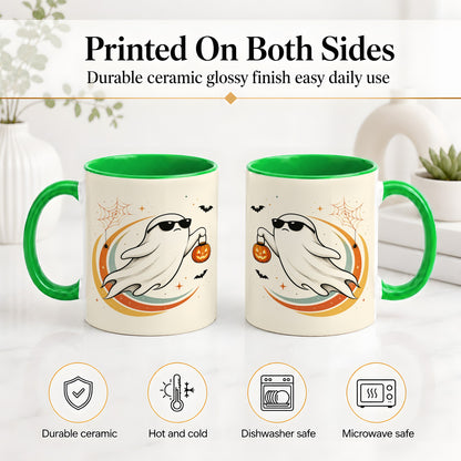 #pl[11oz|Green] Retro Halloween Ghost Accent Mug, Ceramic Mug with Pumpkin Bucket Art