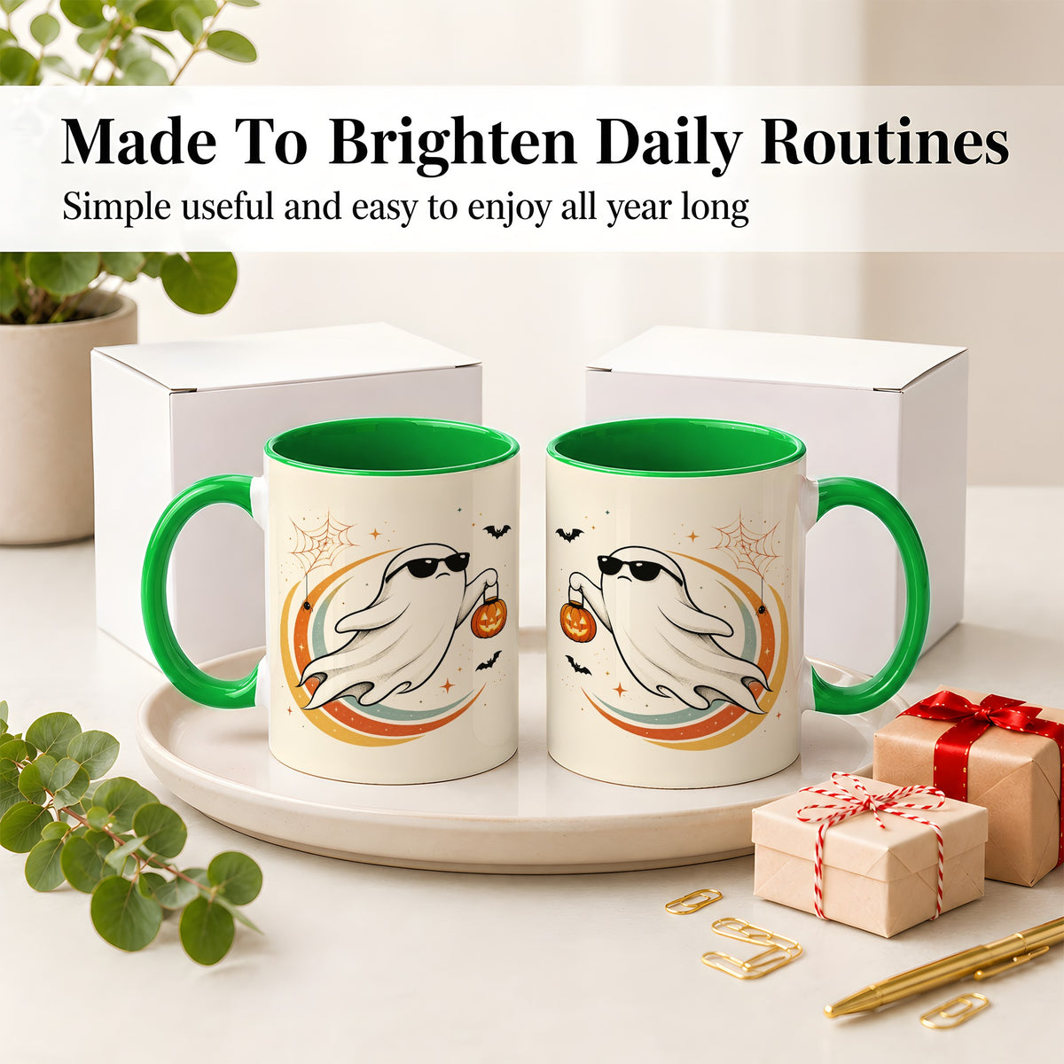 #pl[11oz|Green] Retro Halloween Ghost Accent Mug, Ceramic Mug with Pumpkin Bucket Art