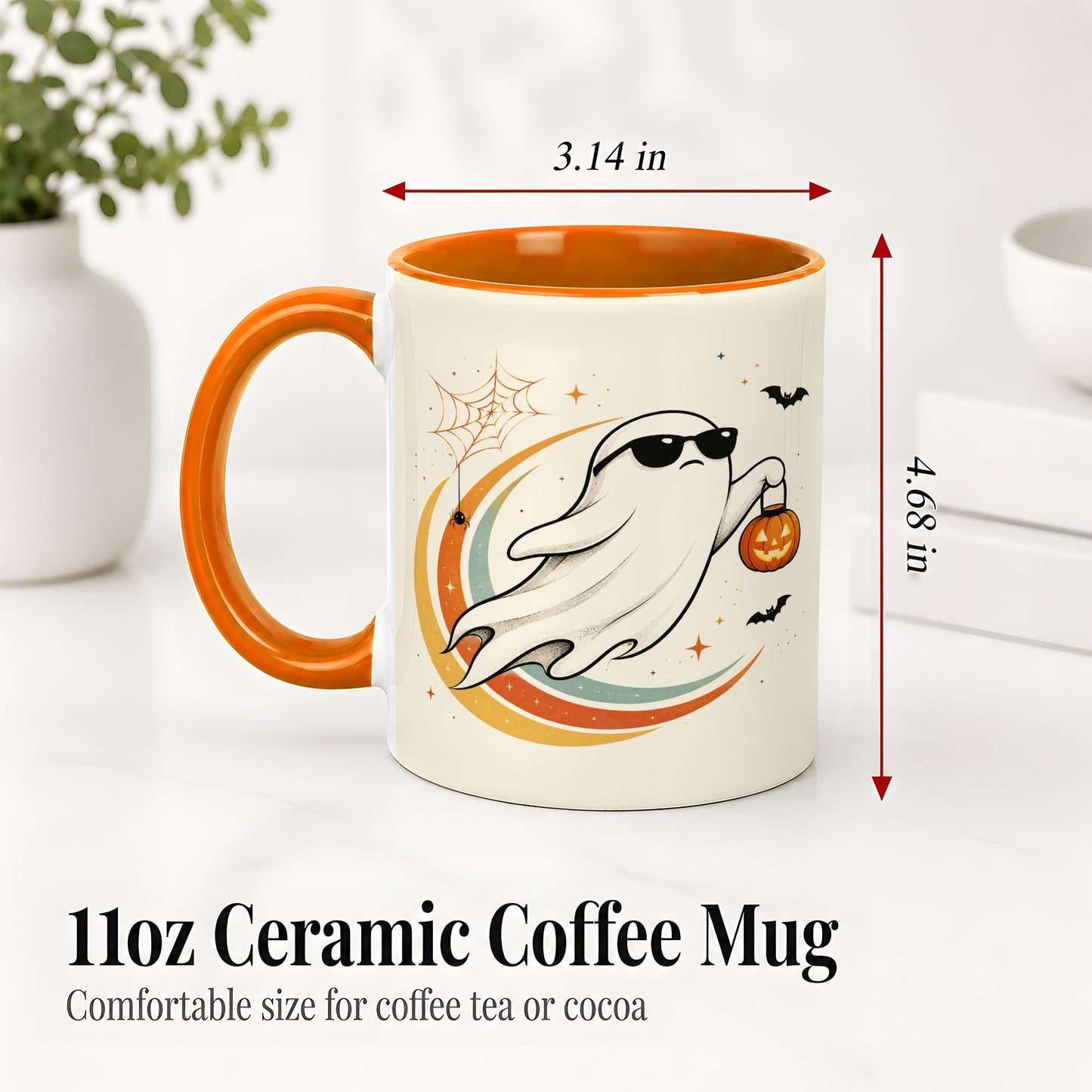#pl[11oz|Orange] Retro Halloween Ghost Accent Mug, Ceramic Mug with Pumpkin Bucket Art