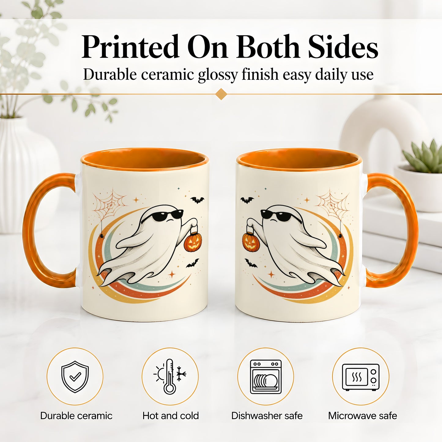 #pl[11oz|Orange] Retro Halloween Ghost Accent Mug, Ceramic Mug with Pumpkin Bucket Art