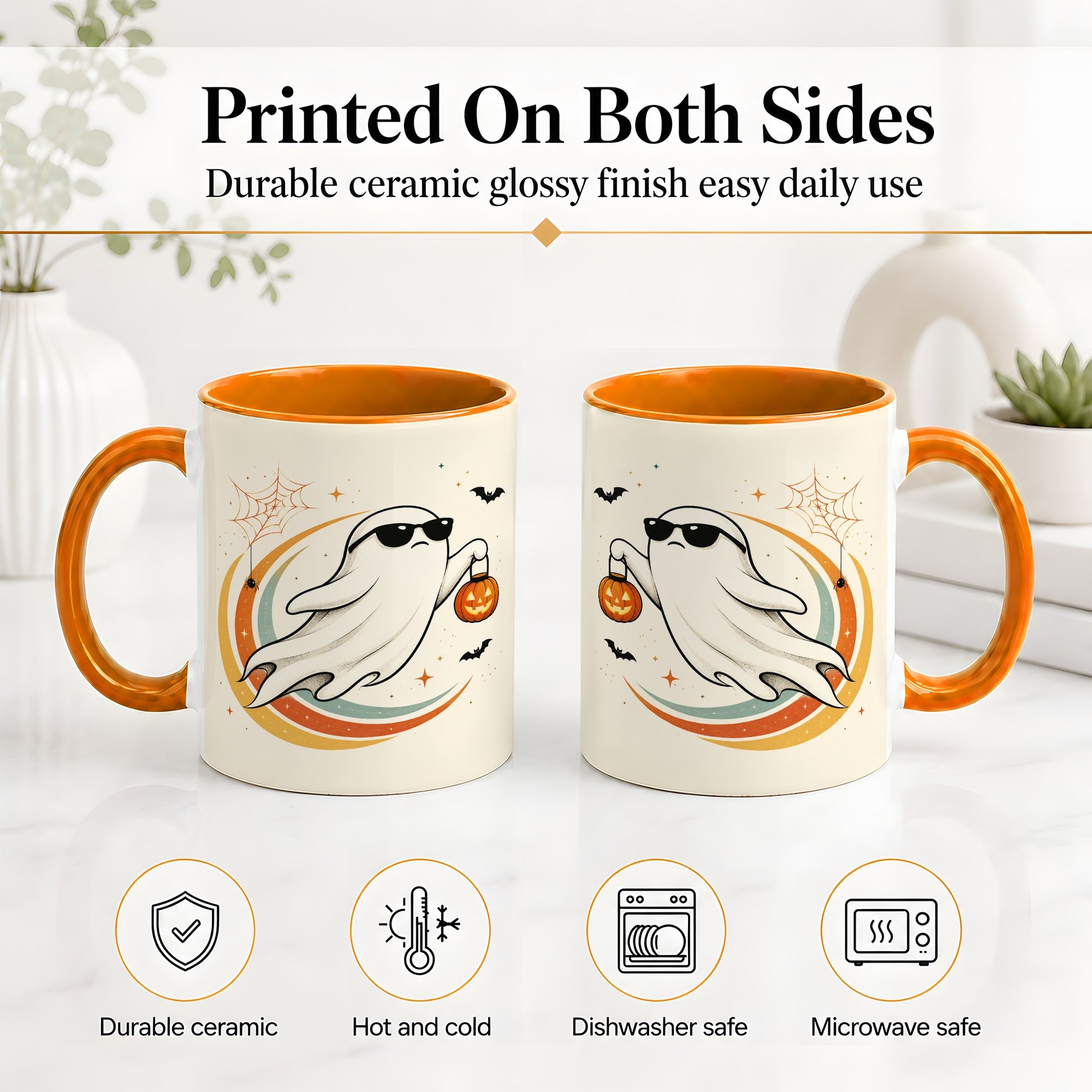 #pl[11oz|Orange] Retro Halloween Ghost Accent Mug, Ceramic Mug with Pumpkin Bucket Art
