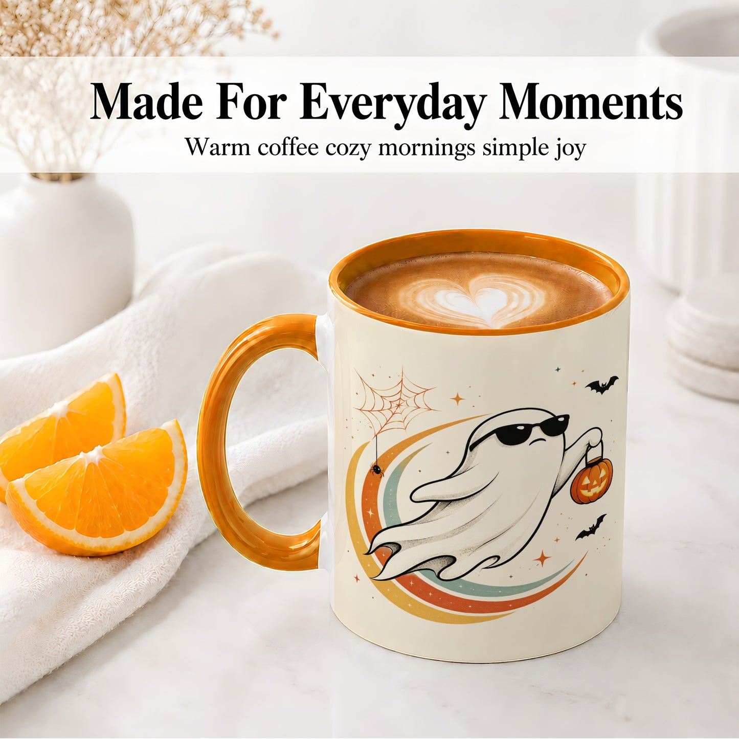 #pl[11oz|Orange] Retro Halloween Ghost Accent Mug, Ceramic Mug with Pumpkin Bucket Art