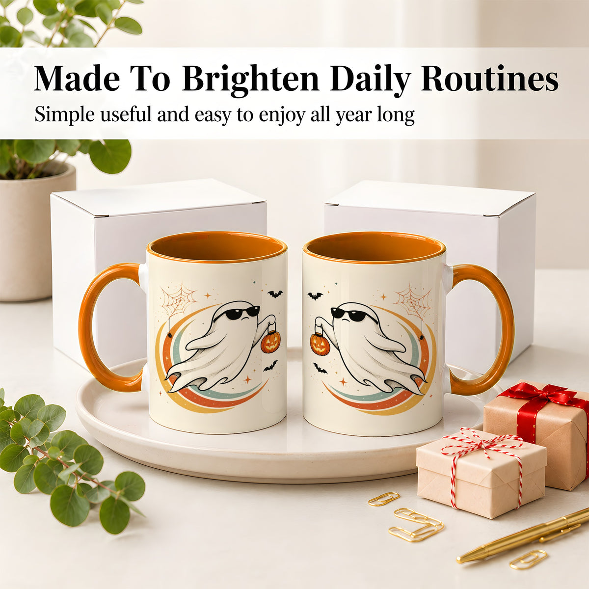 #pl[11oz|Orange] Retro Halloween Ghost Accent Mug, Ceramic Mug with Pumpkin Bucket Art