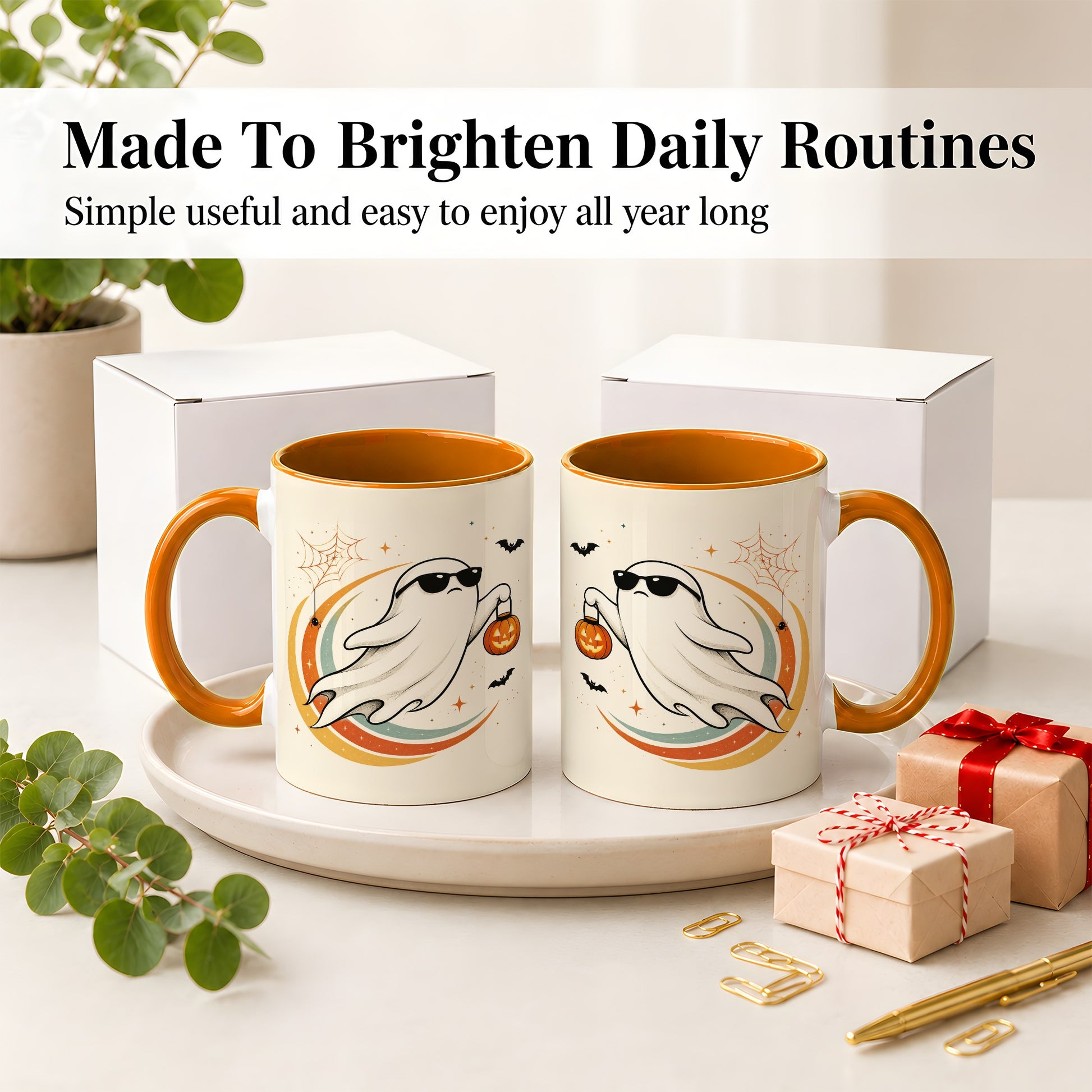 #pl[11oz|Orange] Retro Halloween Ghost Accent Mug, Ceramic Mug with Pumpkin Bucket Art