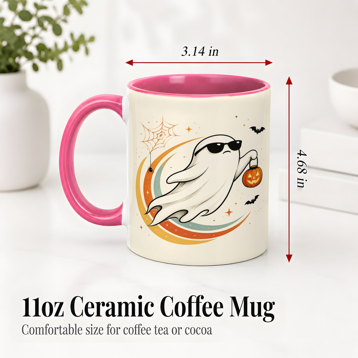 #pl[11oz|Pink] Retro Halloween Ghost Accent Mug, Ceramic Mug with Pumpkin Bucket Art