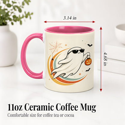#pl[11oz|Pink] Retro Halloween Ghost Accent Mug, Ceramic Mug with Pumpkin Bucket Art