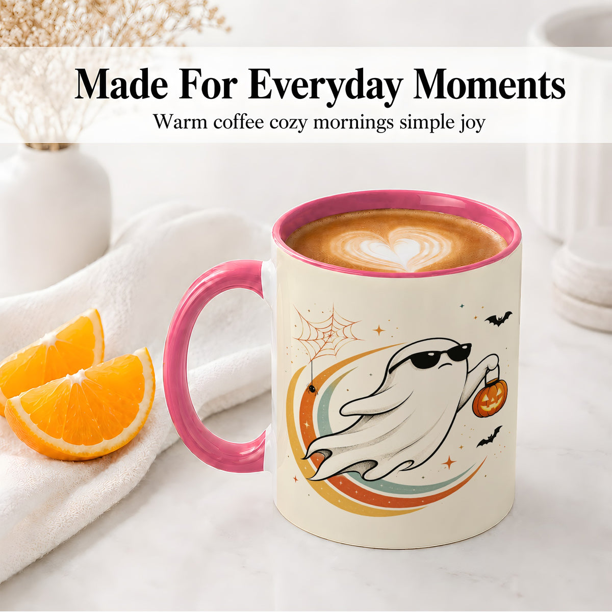 #pl[11oz|Pink] Retro Halloween Ghost Accent Mug, Ceramic Mug with Pumpkin Bucket Art