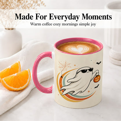 #pl[11oz|Pink] Retro Halloween Ghost Accent Mug, Ceramic Mug with Pumpkin Bucket Art