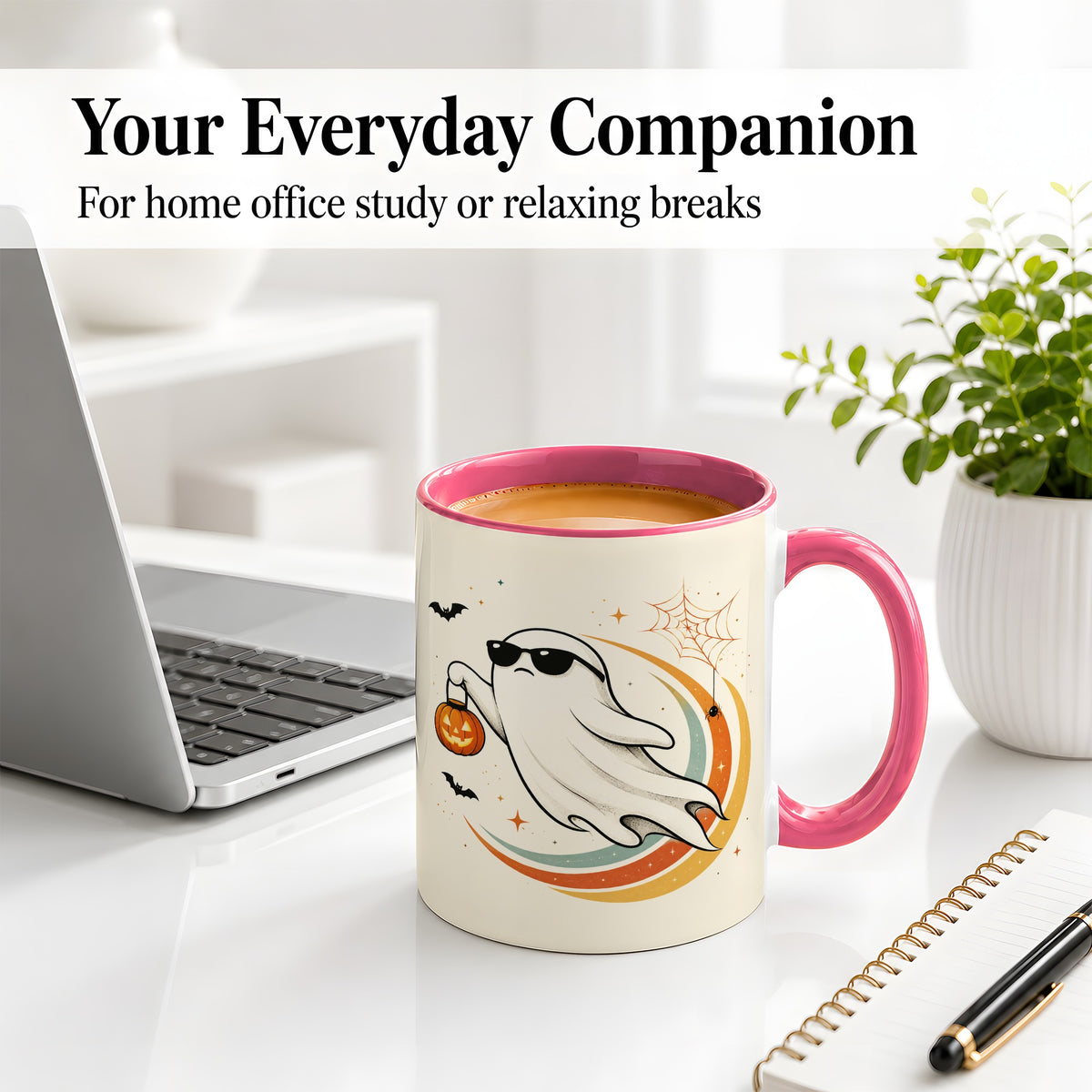 #pl[11oz|Pink] Retro Halloween Ghost Accent Mug, Ceramic Mug with Pumpkin Bucket Art