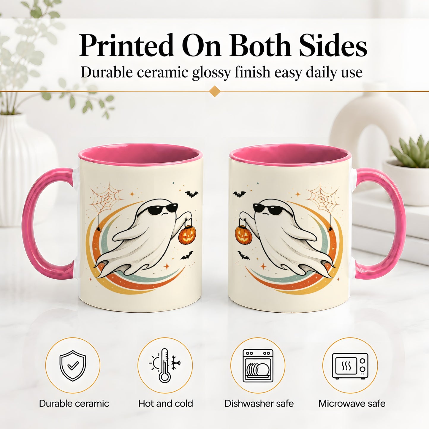 #pl[11oz|Pink] Retro Halloween Ghost Accent Mug, Ceramic Mug with Pumpkin Bucket Art