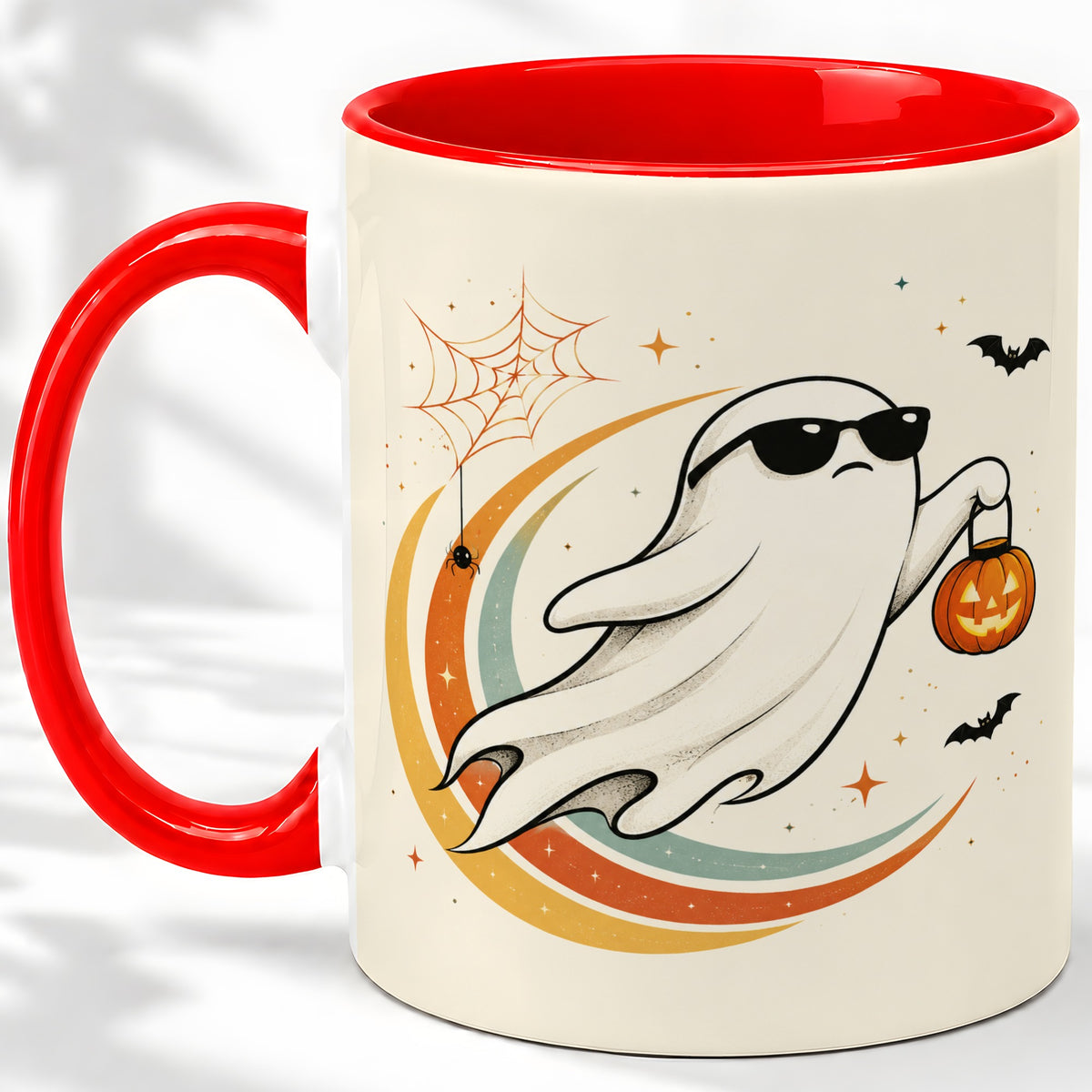 Retro Halloween Ghost Accent Mug, Ceramic Mug with Pumpkin Bucket Art