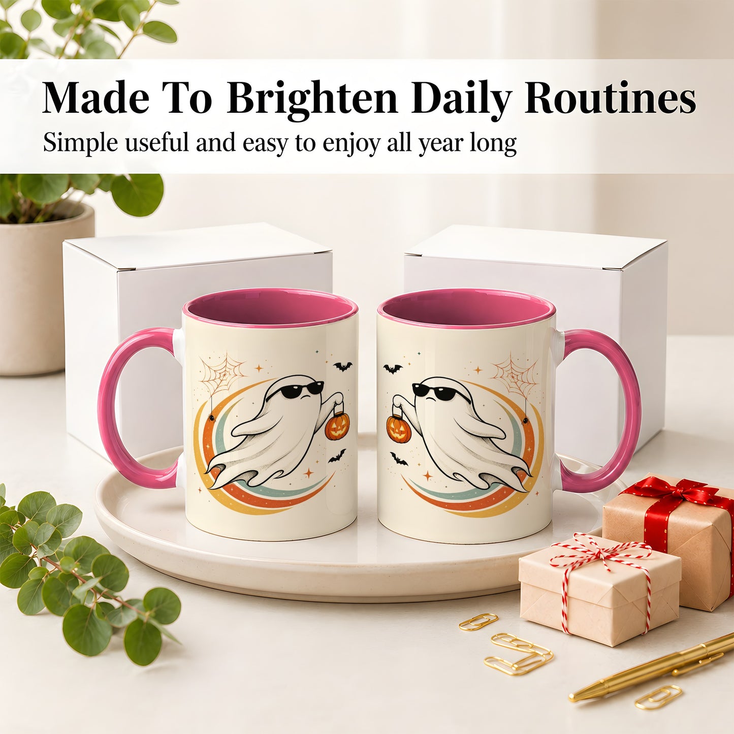 #pl[11oz|Pink] Retro Halloween Ghost Accent Mug, Ceramic Mug with Pumpkin Bucket Art