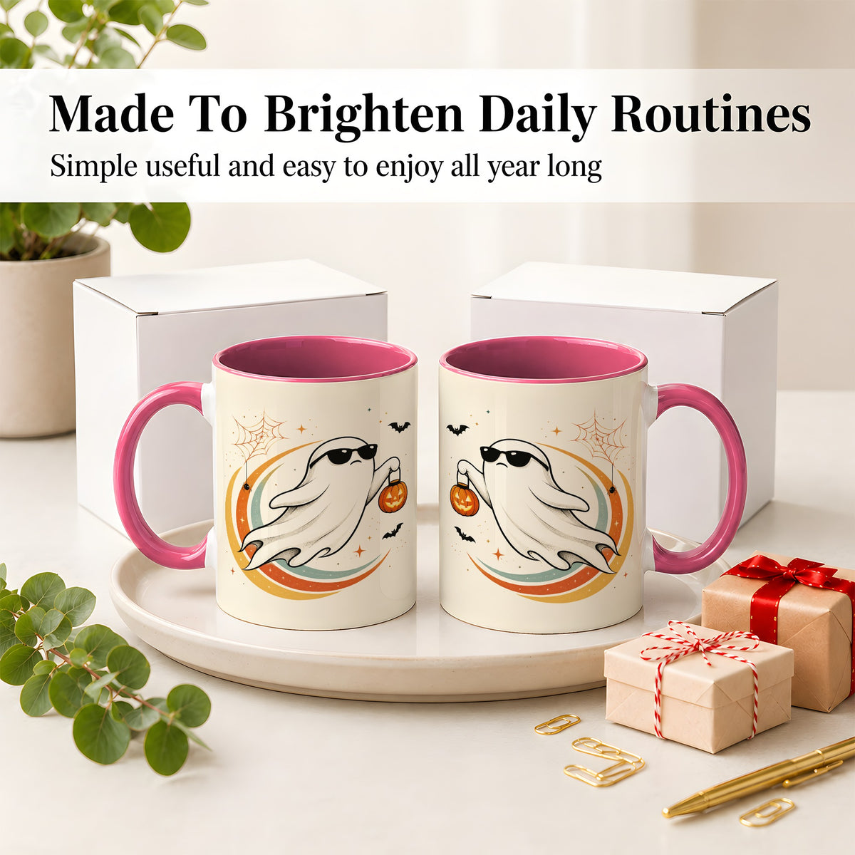 #pl[11oz|Pink] Retro Halloween Ghost Accent Mug, Ceramic Mug with Pumpkin Bucket Art