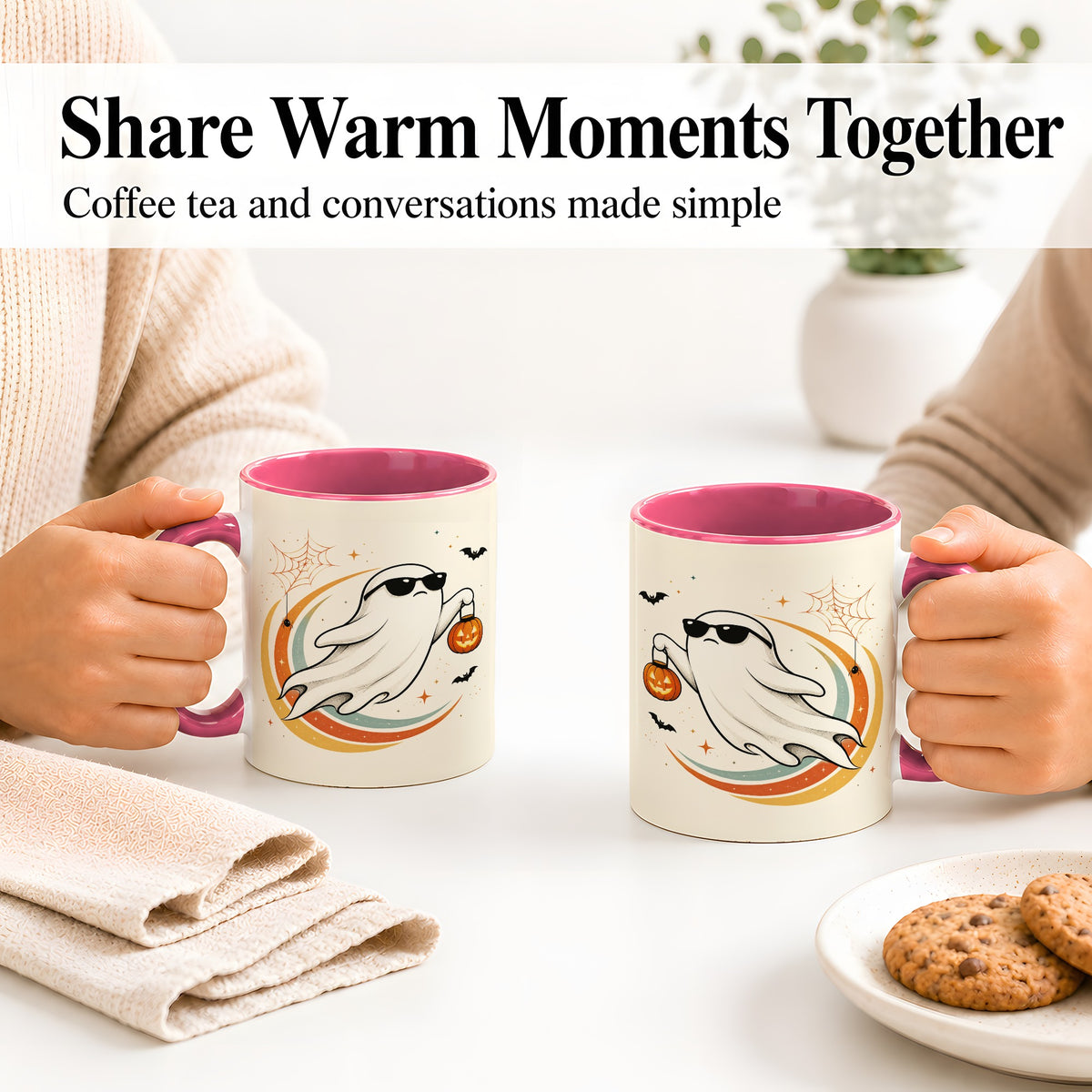 #pl[11oz|Pink] Retro Halloween Ghost Accent Mug, Ceramic Mug with Pumpkin Bucket Art