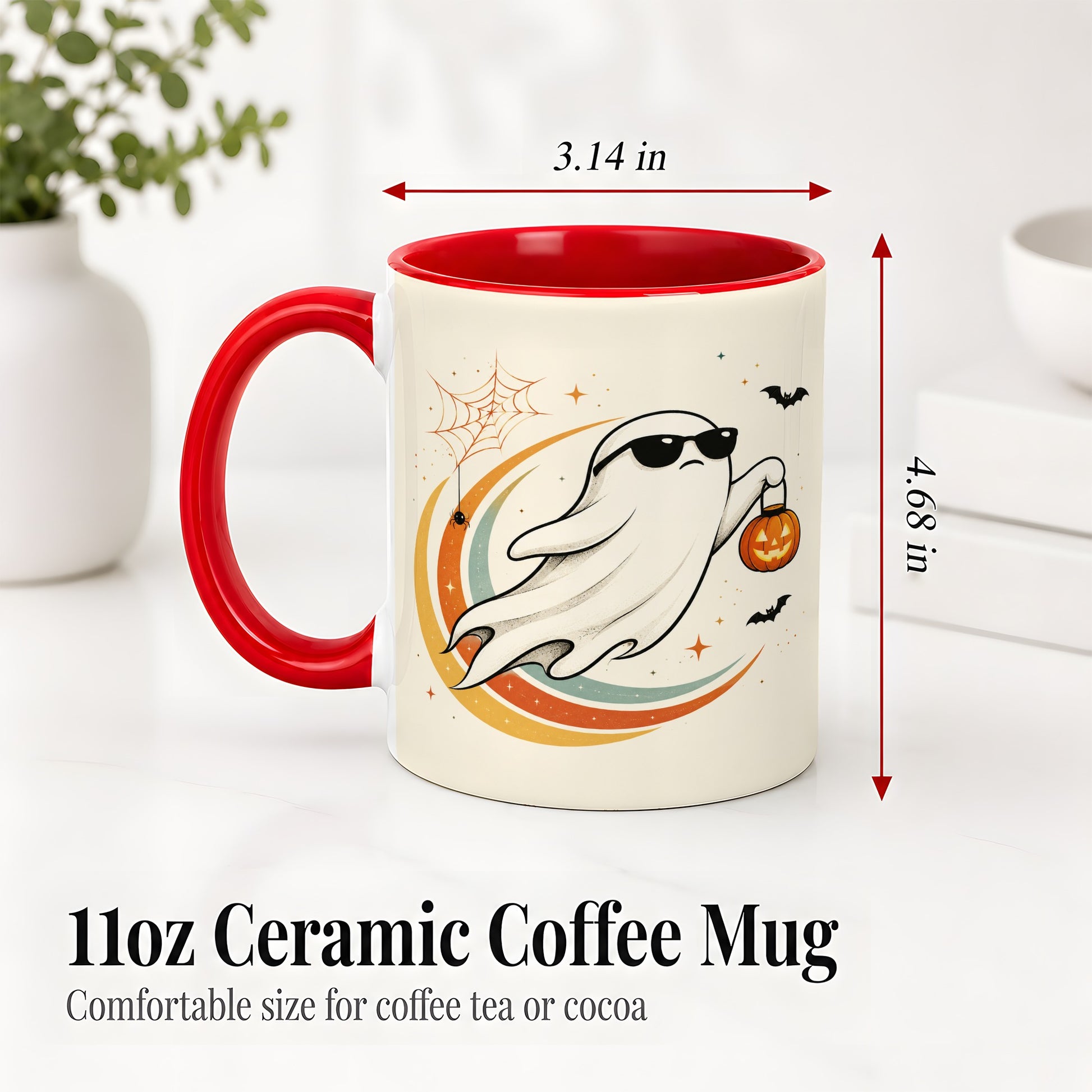 #pl[11oz|Red] Retro Halloween Ghost Accent Mug, Ceramic Mug with Pumpkin Bucket Art