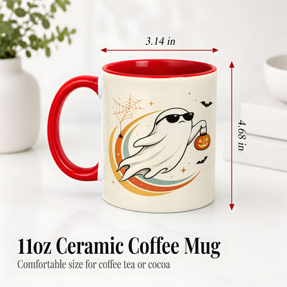 #pl[11oz|Red] Retro Halloween Ghost Accent Mug, Ceramic Mug with Pumpkin Bucket Art