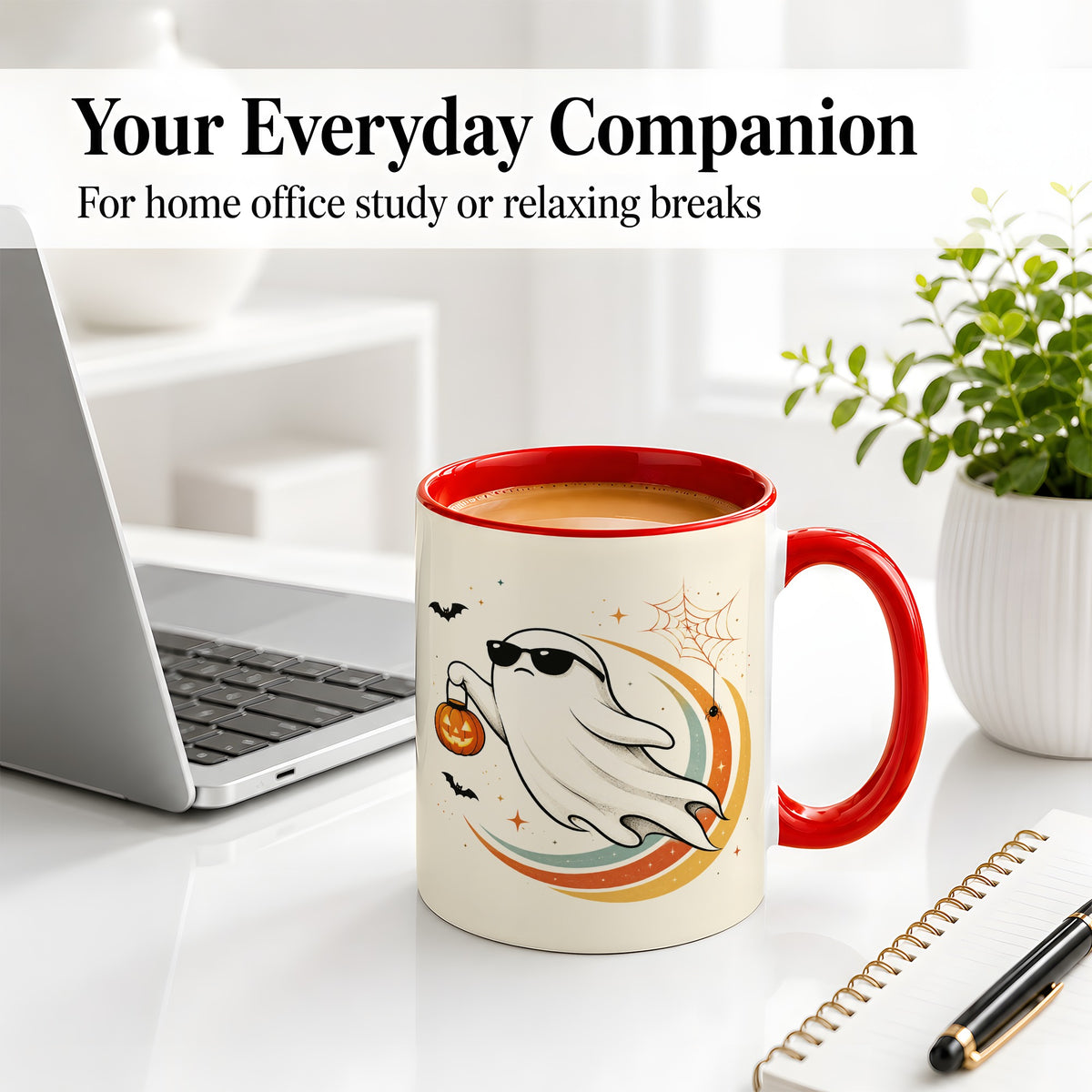 #pl[11oz|Red] Retro Halloween Ghost Accent Mug, Ceramic Mug with Pumpkin Bucket Art
