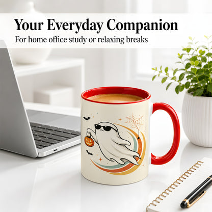 #pl[11oz|Red] Retro Halloween Ghost Accent Mug, Ceramic Mug with Pumpkin Bucket Art