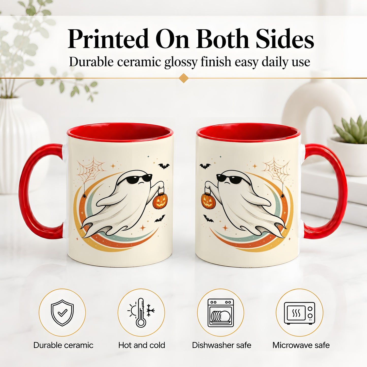 #pl[11oz|Red] Retro Halloween Ghost Accent Mug, Ceramic Mug with Pumpkin Bucket Art