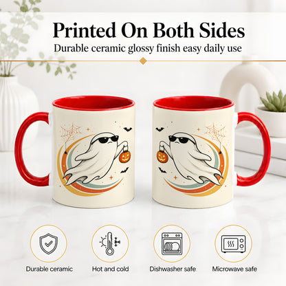 #pl[11oz|Red] Retro Halloween Ghost Accent Mug, Ceramic Mug with Pumpkin Bucket Art