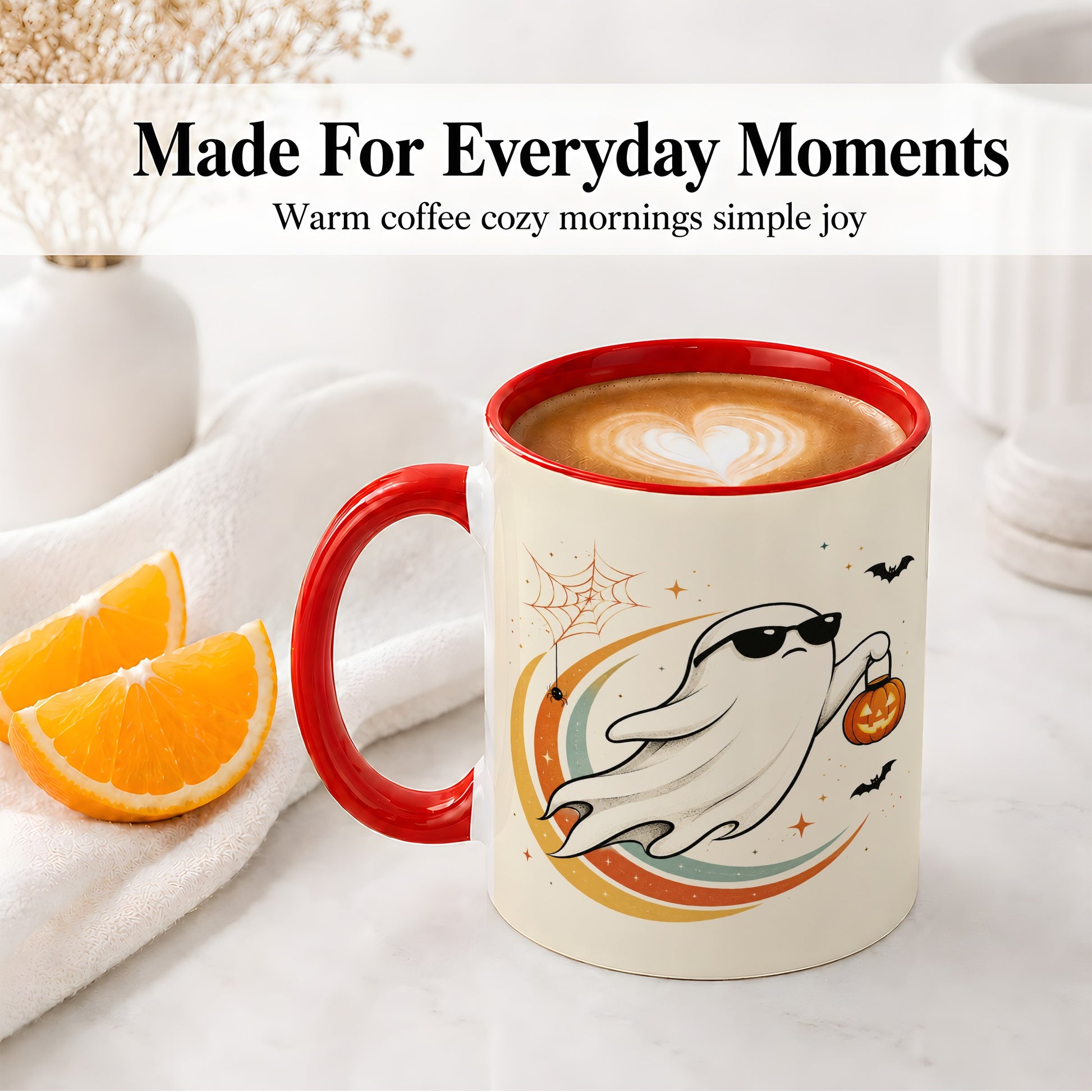 #pl[11oz|Red] Retro Halloween Ghost Accent Mug, Ceramic Mug with Pumpkin Bucket Art