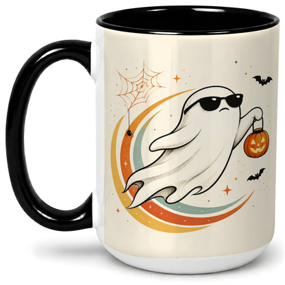 #pl[15oz|Black] Retro Halloween Ghost Accent Mug, Ceramic Mug with Pumpkin Bucket Art
